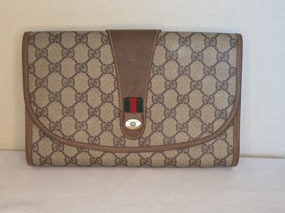 Gucci Handbags - Gucci GG Supreme Clutch Bag Monogram Canvas Brown Leather Vintage Ophidia